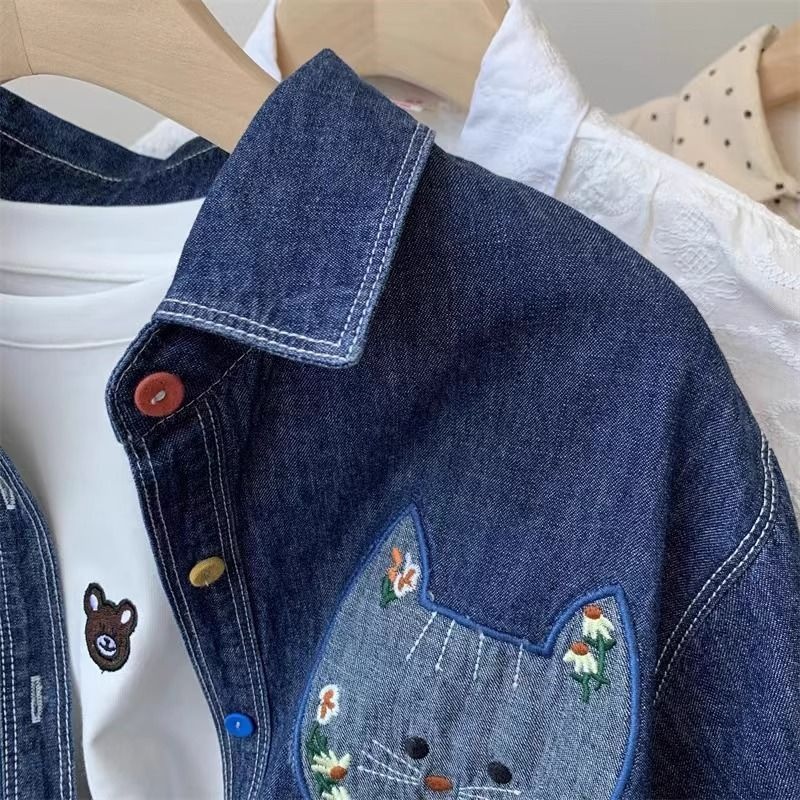 特大碼美式潮牌貓咪刺繡時尚寬松牛仔襯衫
