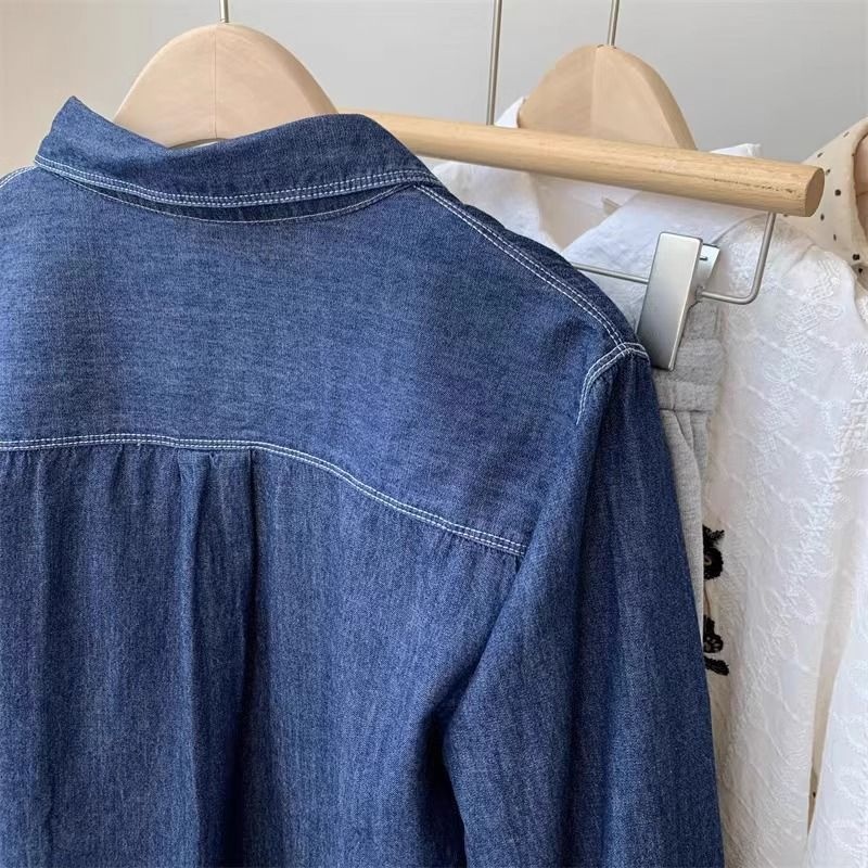 特大碼美式潮牌貓咪刺繡時尚寬松牛仔襯衫