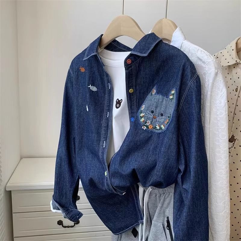 特大碼美式潮牌貓咪刺繡時尚寬松牛仔襯衫