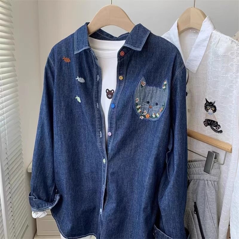 特大碼美式潮牌貓咪刺繡時尚寬松牛仔襯衫