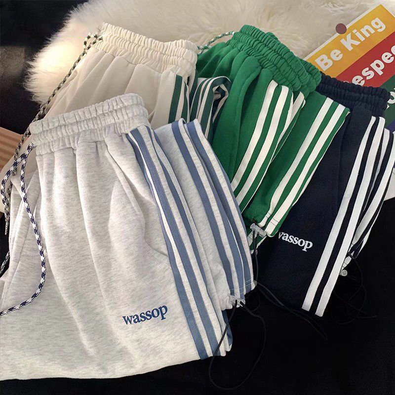 潮流束腳寬鬆百搭闊腿三條桿條紋運動休閒褲