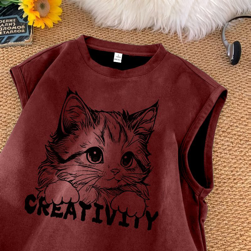 潮牌美式重磅坎肩運動卡通印花麂皮絨背心