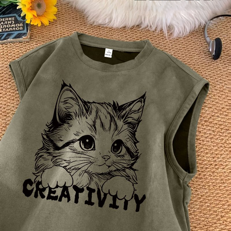 潮牌美式重磅坎肩運動卡通印花麂皮絨背心