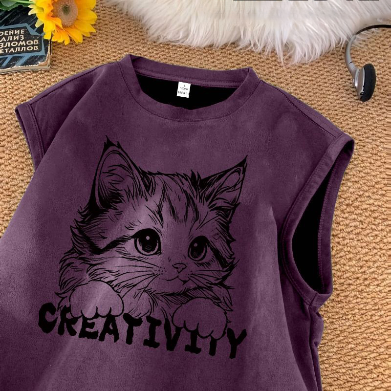 潮牌美式重磅坎肩運動卡通印花麂皮絨背心