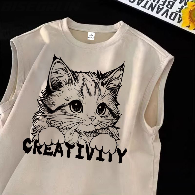 潮牌美式重磅坎肩運動卡通印花麂皮絨背心