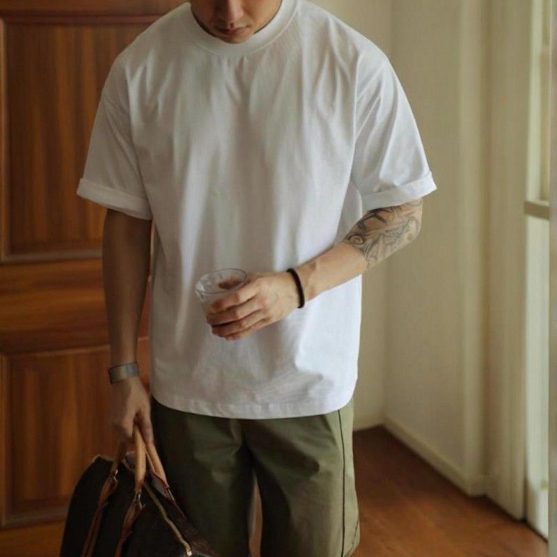 美式重磅純棉素色復古時尚寬鬆短袖T恤