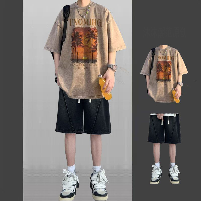 【整套】美式復古潮流高街短袖t恤+薄款休閑牛仔短褲兩件套