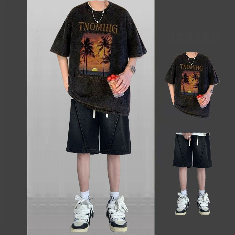 【整套】美式復古潮流高街短袖t恤+薄款休閑牛仔短褲兩件套