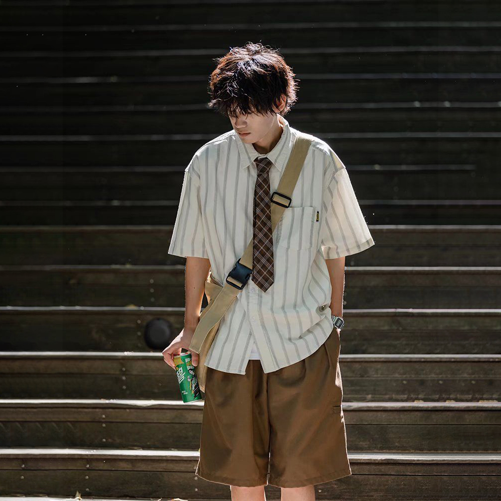 【整套】日系復古條紋五分袖襯衫+領帶+寬松休閑褲三件套