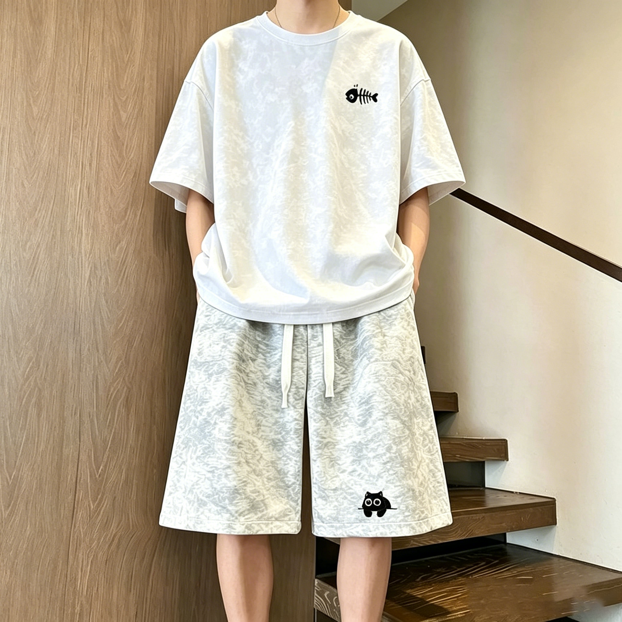 【套裝】慵懶風百搭帥氣扎染短袖+五分褲兩件套