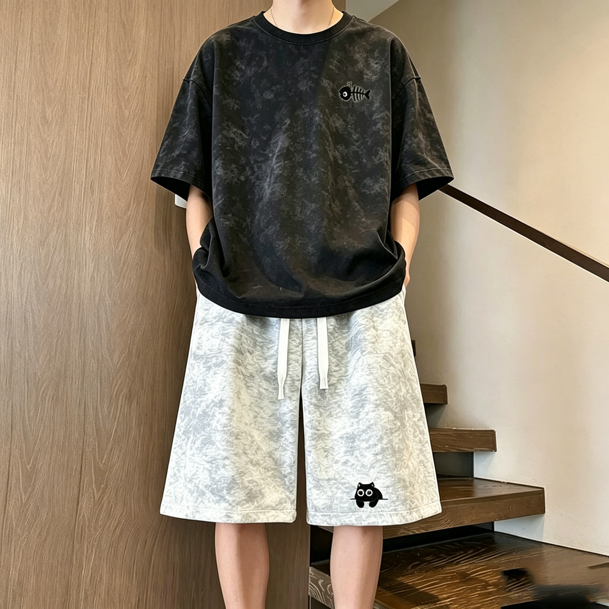 【套裝】慵懶風百搭帥氣扎染短袖+五分褲兩件套