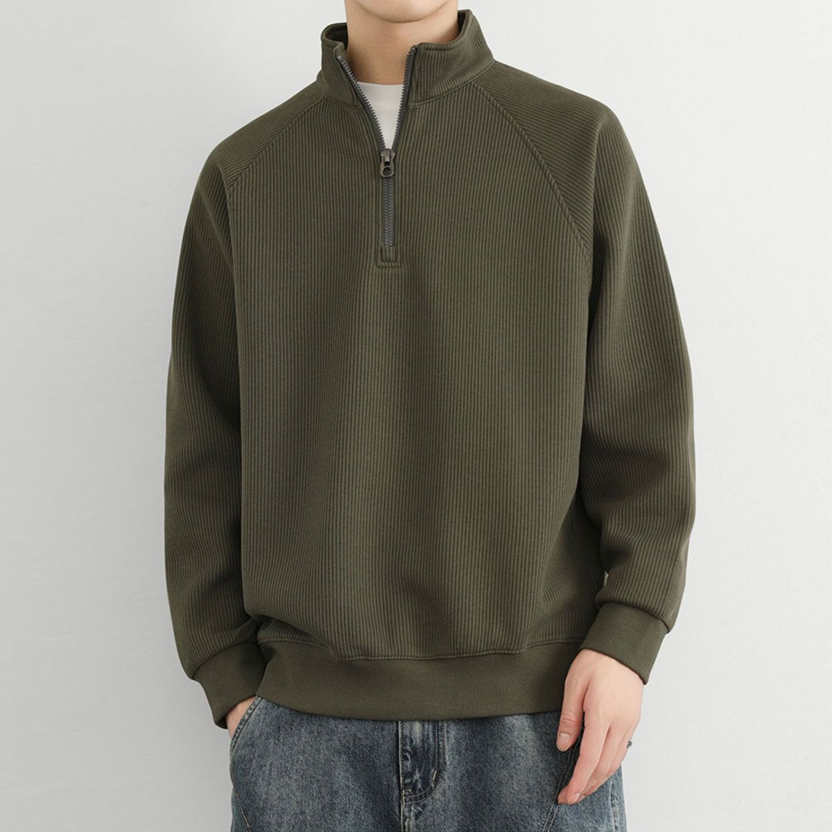 美式寬鬆帥氣百搭打底休閒半拉鍊立領長袖T恤