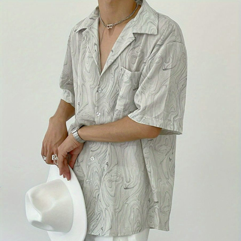 古著感波浪紋慵懶寬鬆洋氣休閒短袖襯衫