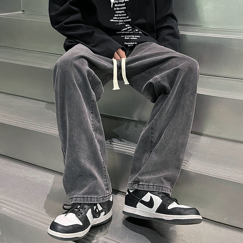 直筒鬆緊腰牛仔潮牌闊腿高街褲裝