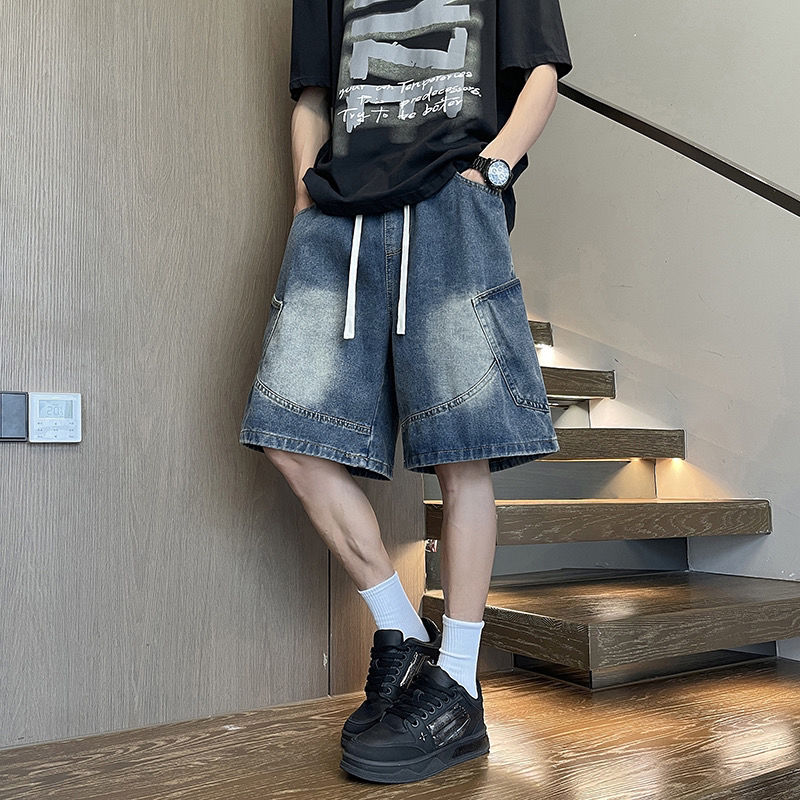 美式休閒寬鬆百搭直筒薄款牛仔五分短褲