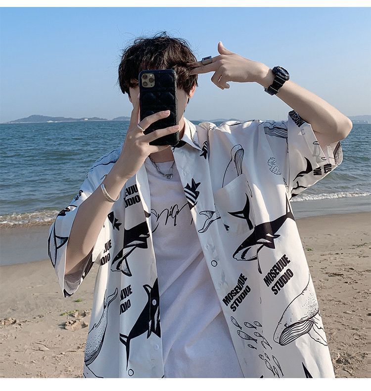 【單件/套裝】鯨魚印花情侶寬松短袖襯衫+T恤+潮流百搭休閑褲三件套