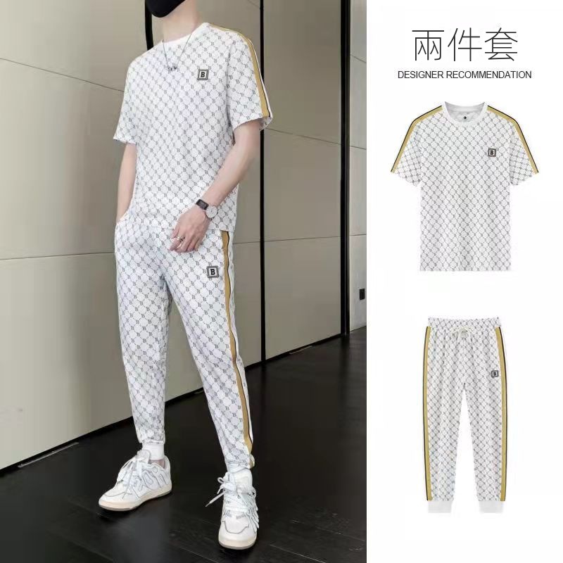 【整套】休閑薄款冰絲帥氣短袖T恤+運動短褲兩件套裝