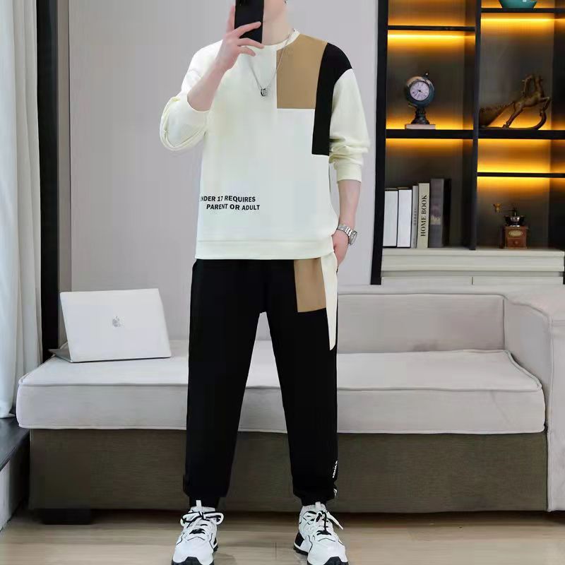 【整套】韓版潮流拼色圓領長袖T恤+寬鬆百搭運動休閒褲兩件套