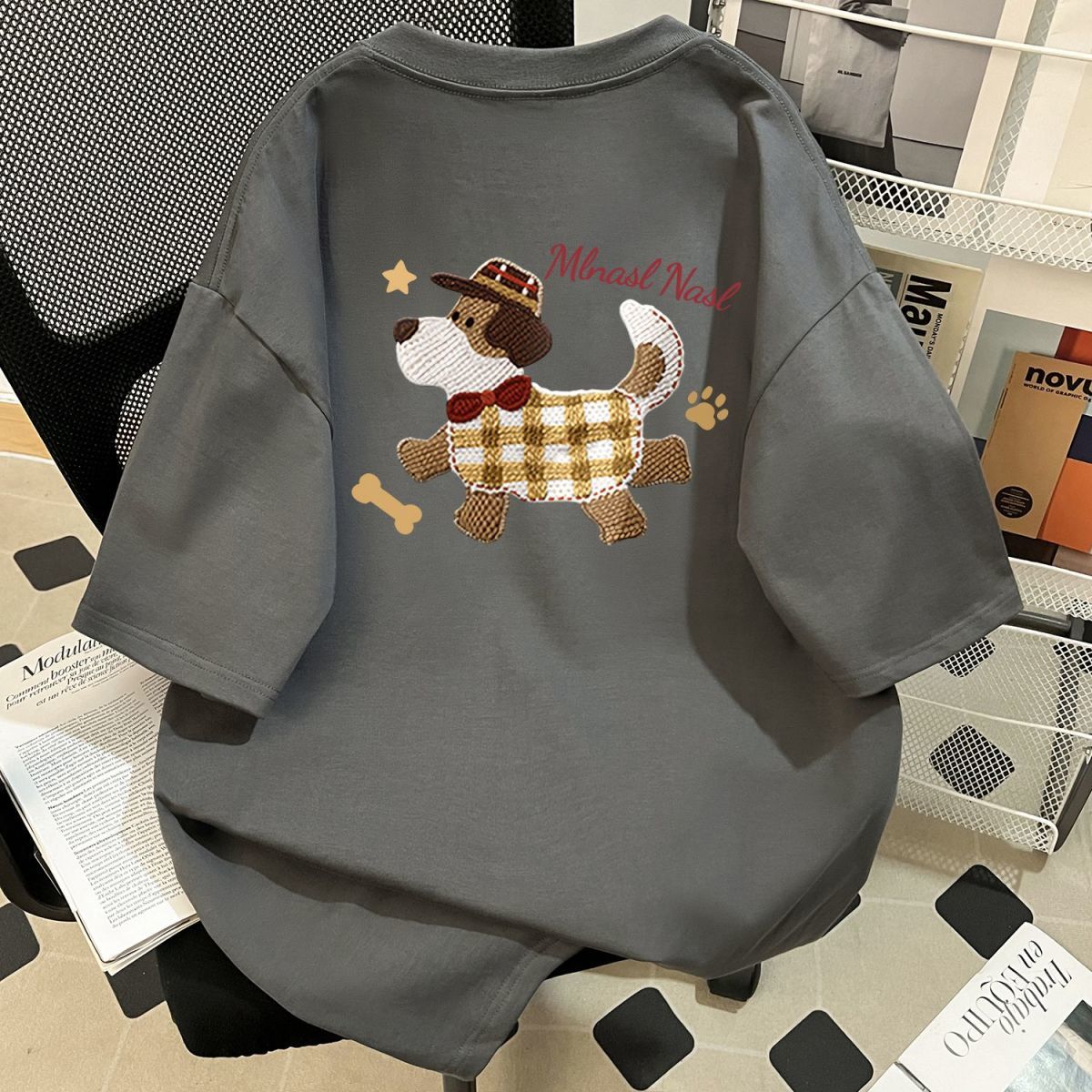 美式潮牌毛絨狗印花寬鬆休閒百搭短袖T恤