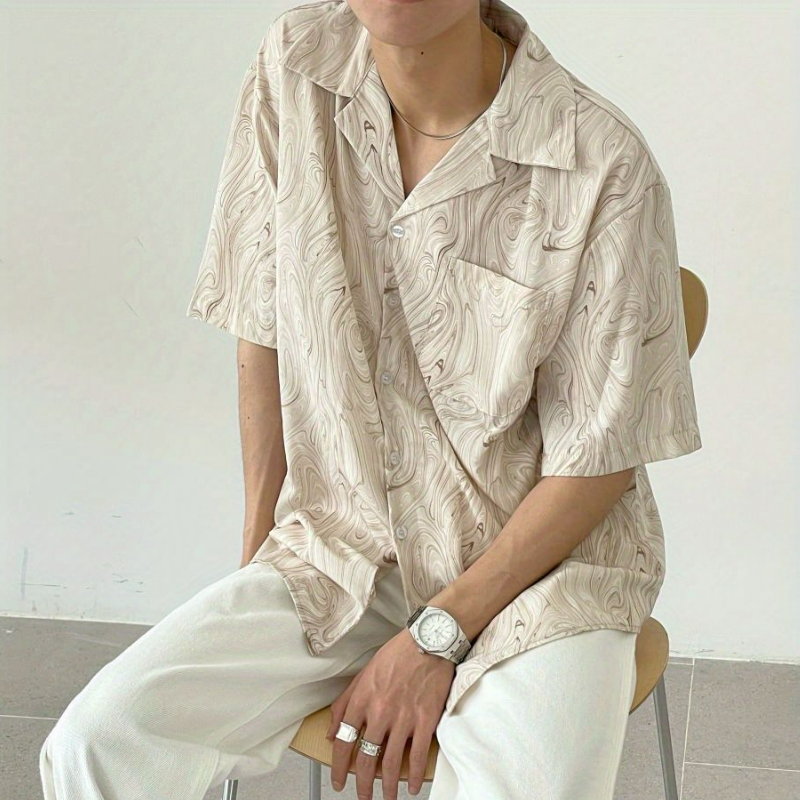 古著感波浪紋慵懶寬鬆洋氣休閒短袖襯衫