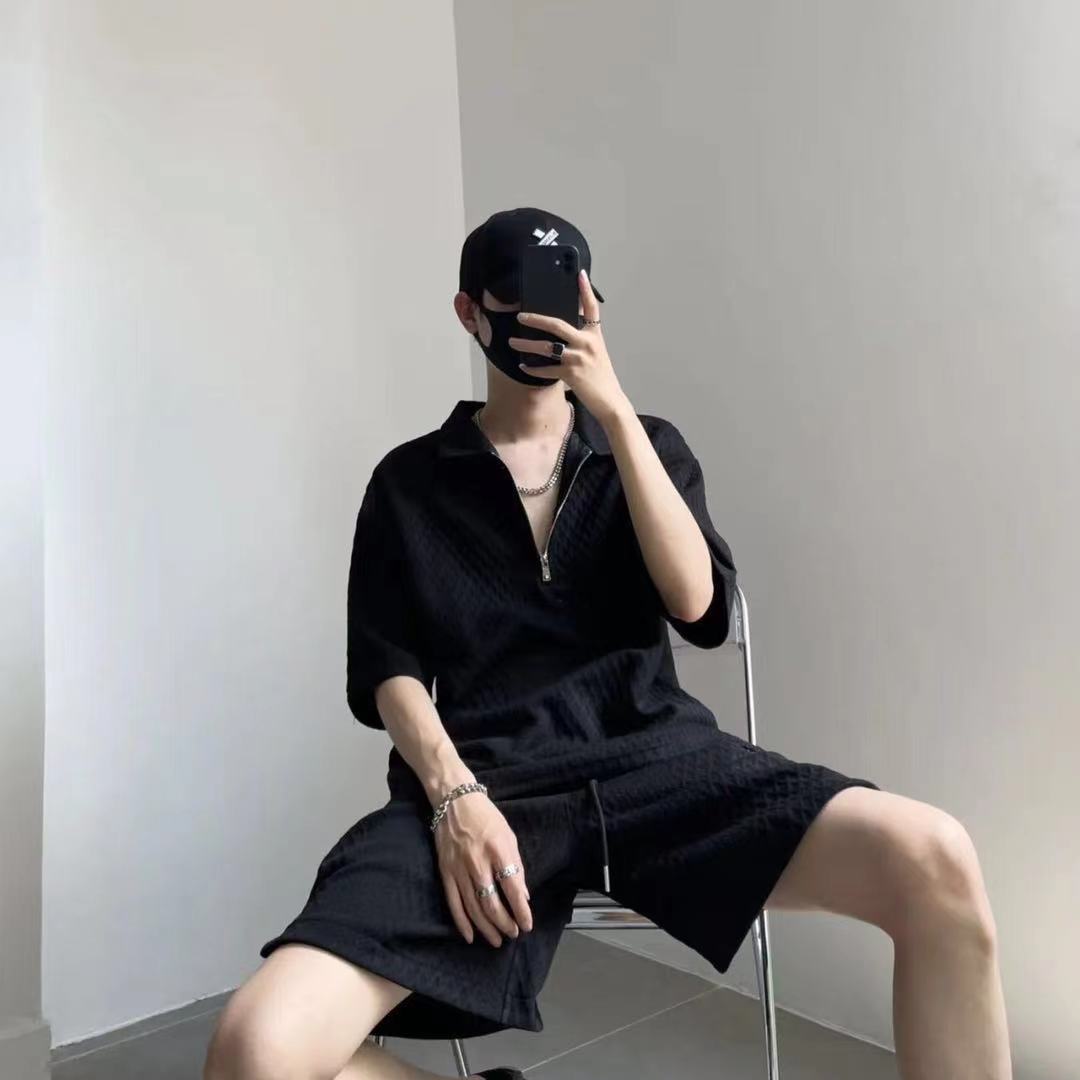 【單件/套裝】高級質感紋理寬鬆翻領短袖+休閒短褲兩件套