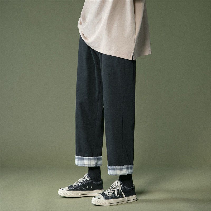 格子翻邊直筒九分褲潮流褲裝