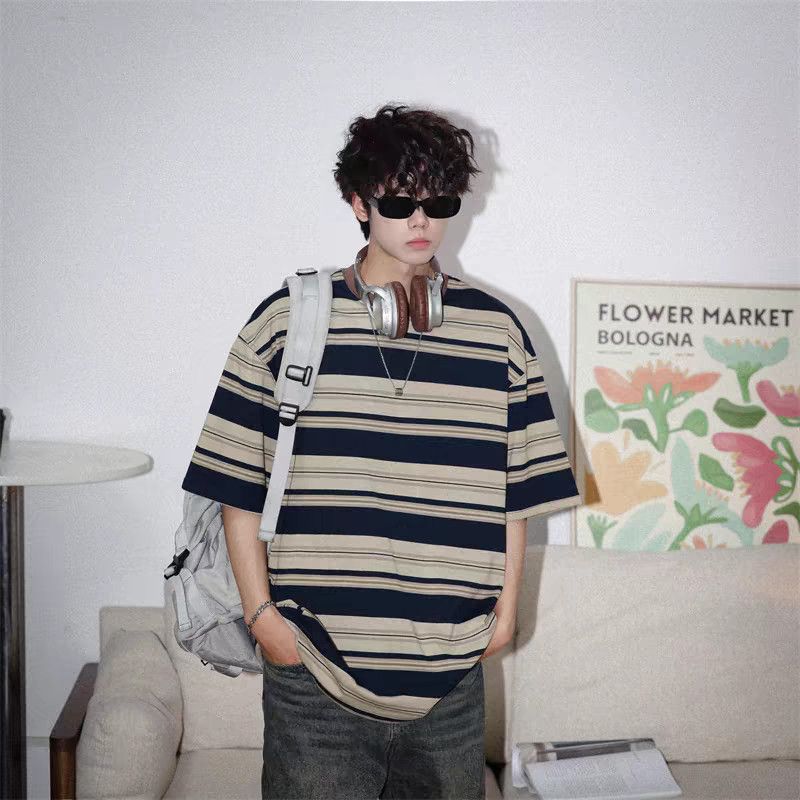 美式休閒復古潮流情侶寬鬆圓領條紋短袖T恤