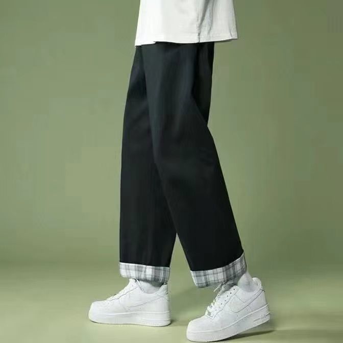 格子翻邊直筒九分褲潮流褲裝