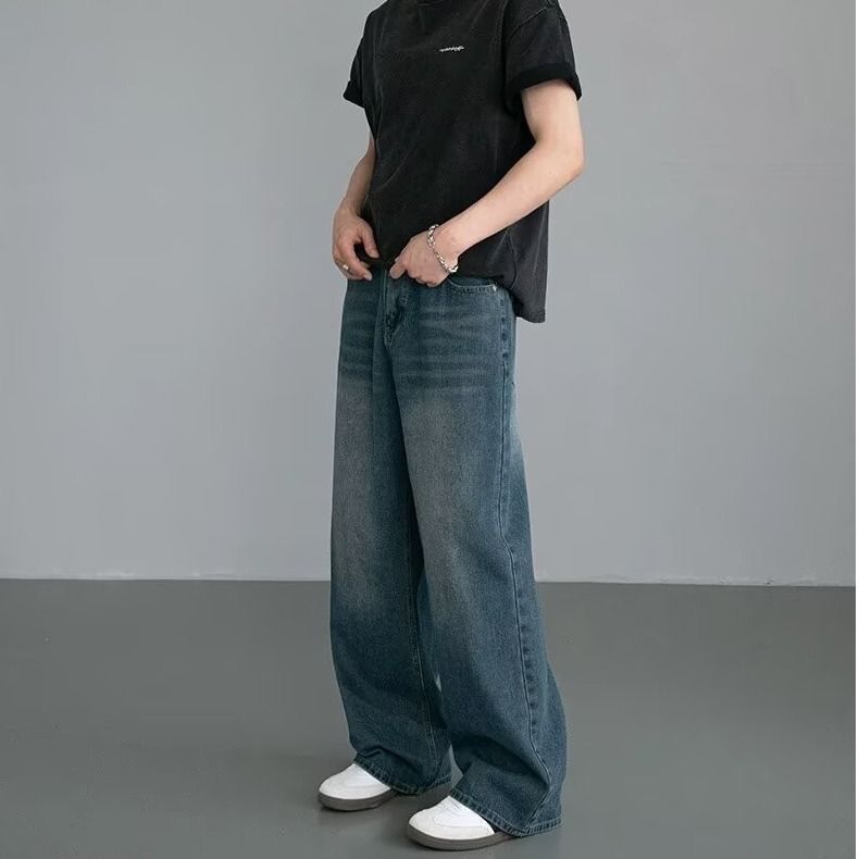 美式復古鬆緊腰寬鬆直筒cleanfit闊腿牛仔褲