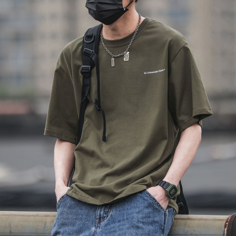 重磅棉美式復古字母印花圓領男士t恤夏季寬鬆潮流百搭半截袖體恤