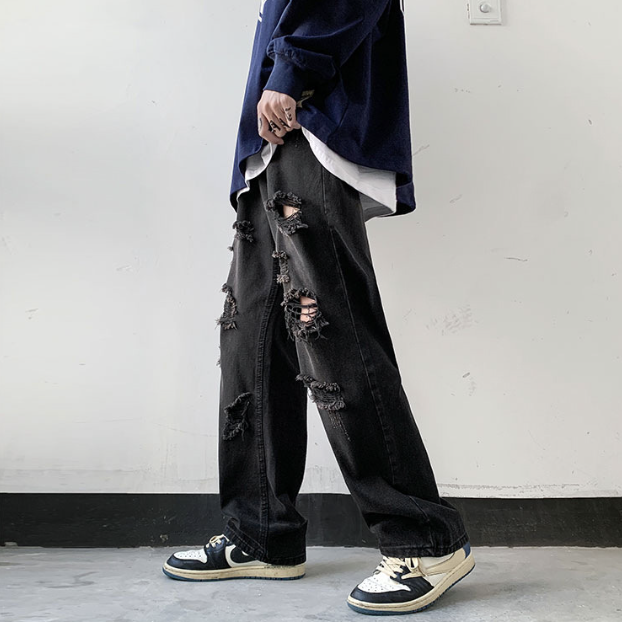 美式vibe風潮流帥氣街頭直筒破洞牛仔褲裝