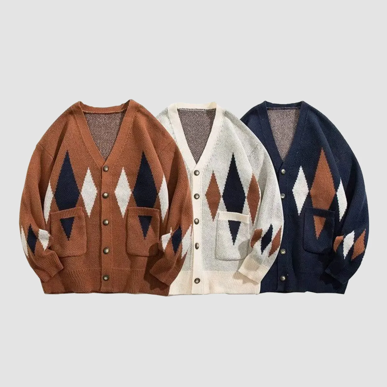 菱格拼接撞色毛衣外套寬鬆慵懶風潮流ins百搭針織開衫