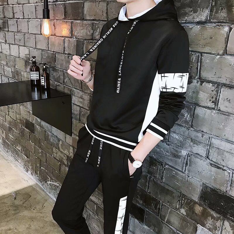 【套裝】連帽帥氣韓版長袖開衫/衛衣+運動潮撞色褲裝兩件套套裝