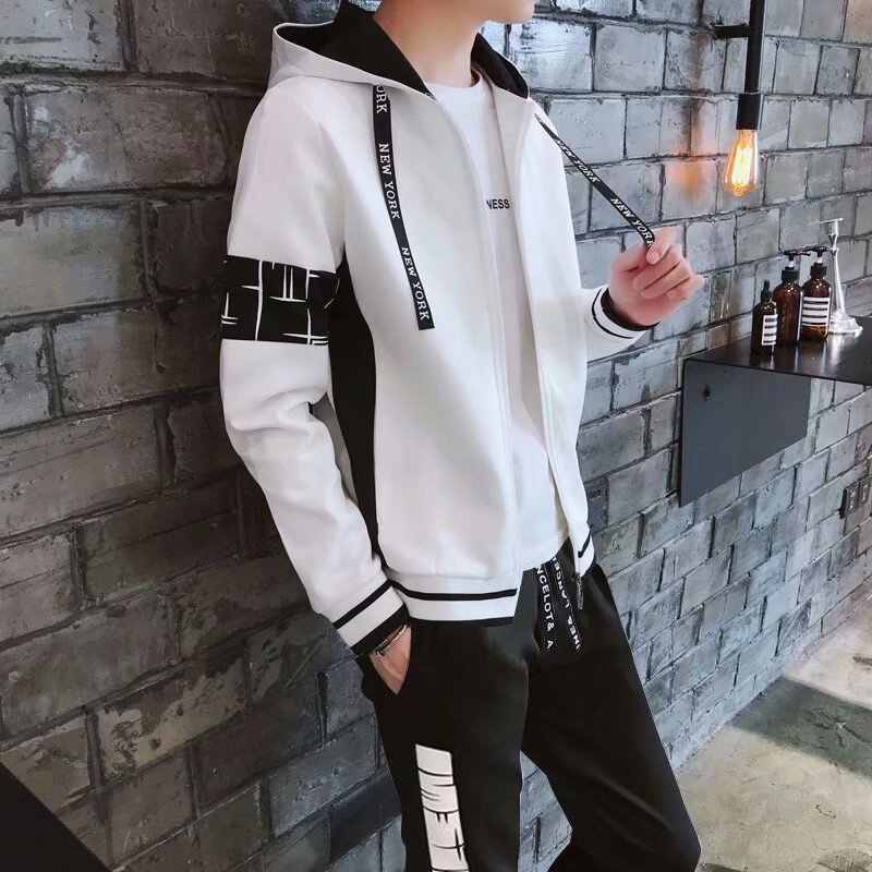 【套裝】連帽帥氣韓版長袖開衫/衛衣+運動潮撞色褲裝兩件套套裝