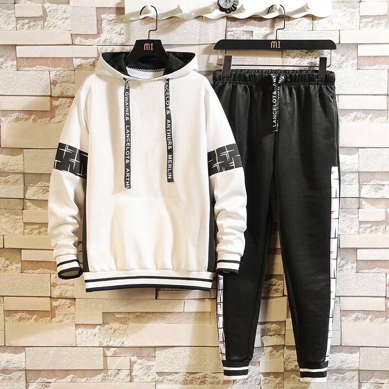 【套裝】連帽帥氣韓版長袖開衫/衛衣+運動潮撞色褲裝兩件套套裝