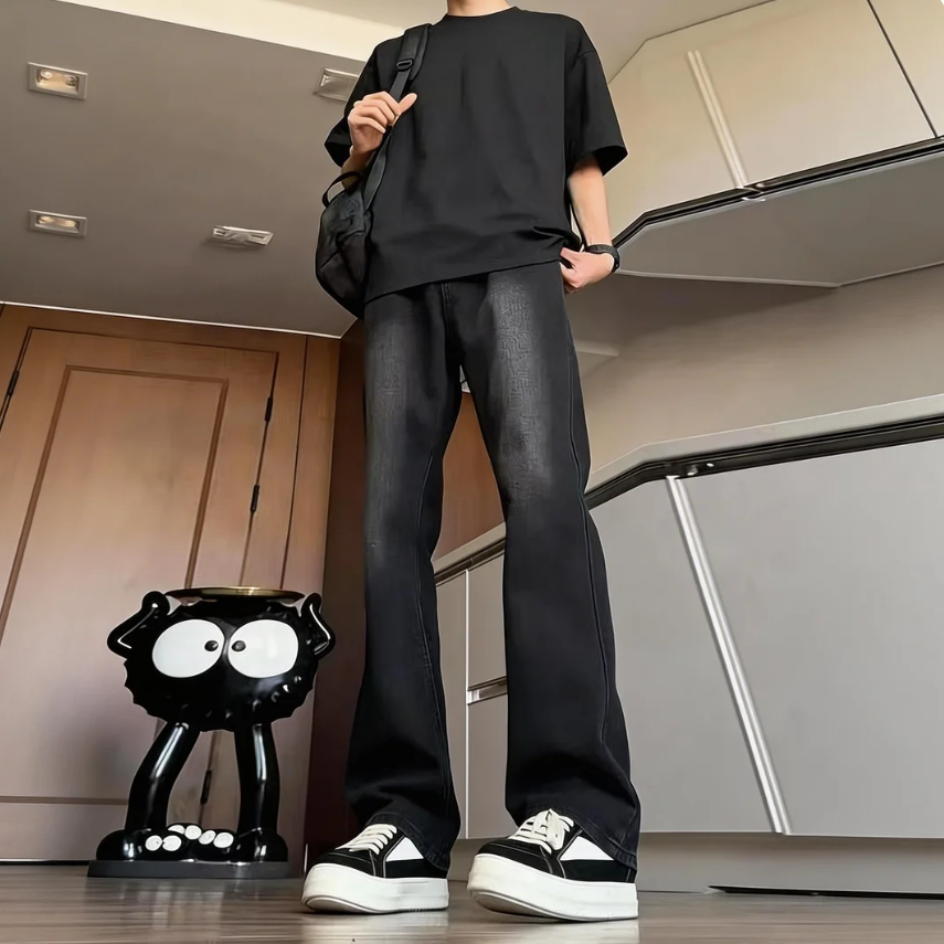 美式復古高街vibe風修身窄版微喇牛仔褲