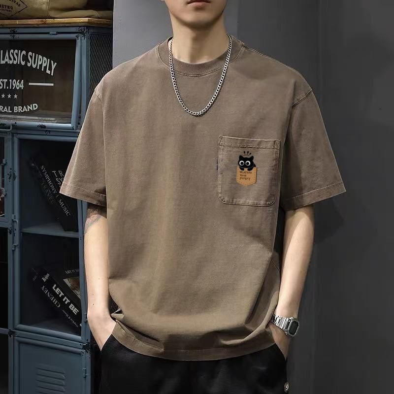 美式復古寬鬆圓領休閒口袋短袖T恤