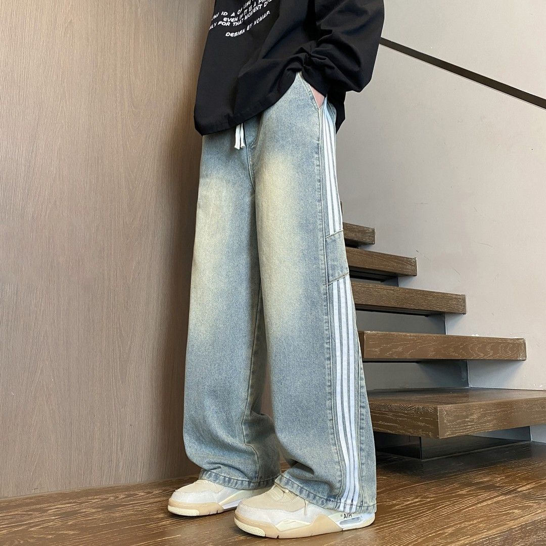 美式條紋水洗直筒高街寬鬆拼接闊腿牛仔褲