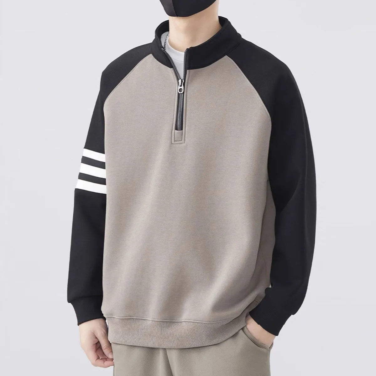 拼接撞色打底衫帥氣休閒半拉鍊長袖T恤