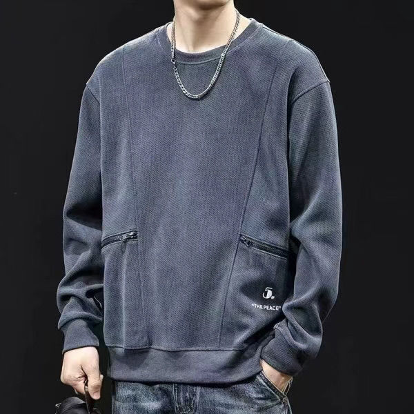 美式工裝拉鍊口袋復古重磅寬鬆圓領長袖T恤