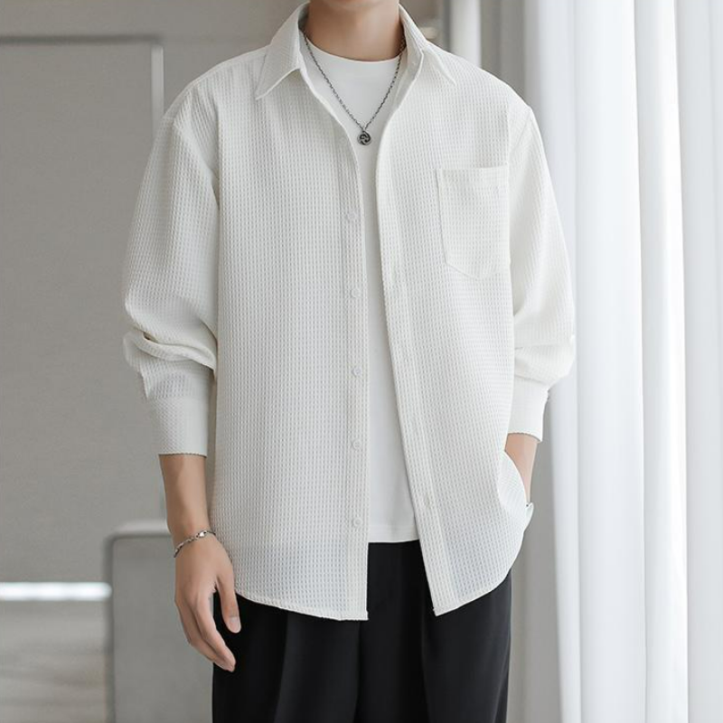 【單件/套裝】輕熟風高級感華夫格襯衫+長袖T恤+直筒休閒西褲三件套裝