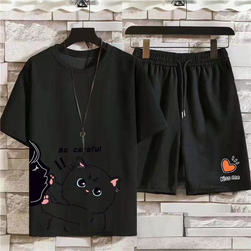 青少年休閒男學生夏季新款修身韓版t恤潮牌短袖短褲1/2件運動套裝