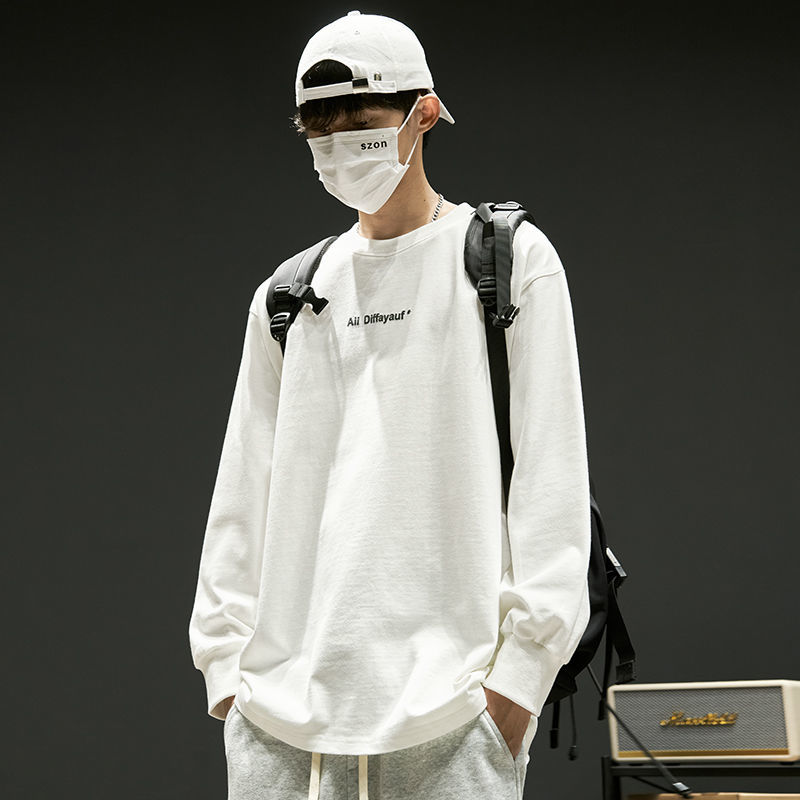 日系潮流寬圓領簡約字母長袖T恤