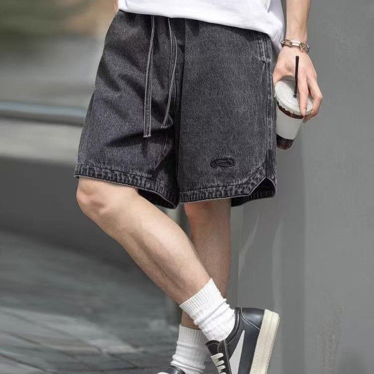 美式復古水洗直筒刺繡休閒五分牛仔短褲