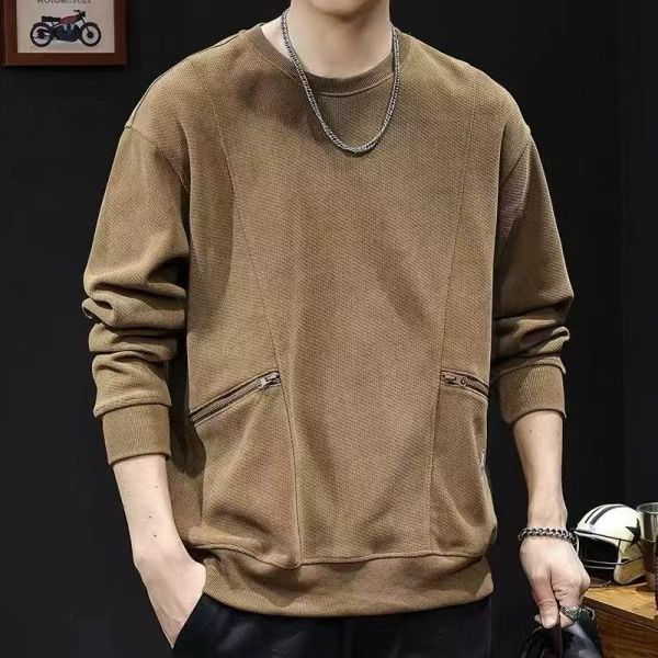 美式工裝拉鍊口袋復古重磅寬鬆圓領長袖T恤