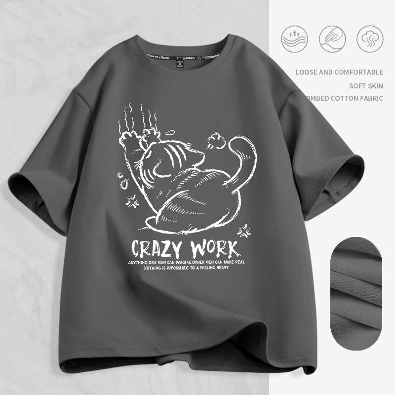 慵懶風貓咪印花純棉寬鬆正肩情侶短袖T恤