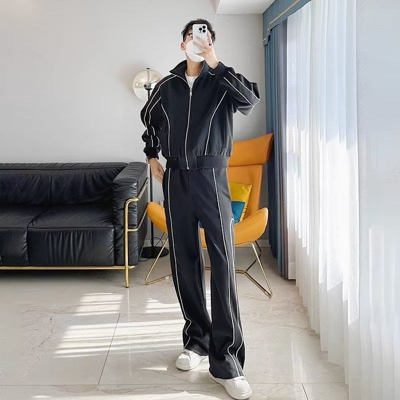 【整套】撞色輯明線立領寬鬆痞帥外套+休閒闊腿運動褲兩件套