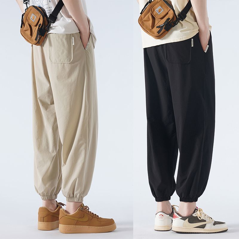 夏季冰絲褲子男寬鬆薄款休閒褲束腳哈倫大碼運動長褲九分