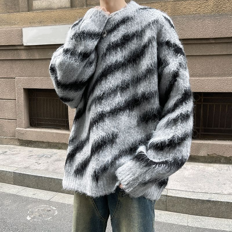 水貂絨條紋毛衣潮牌復古痞帥針織衫