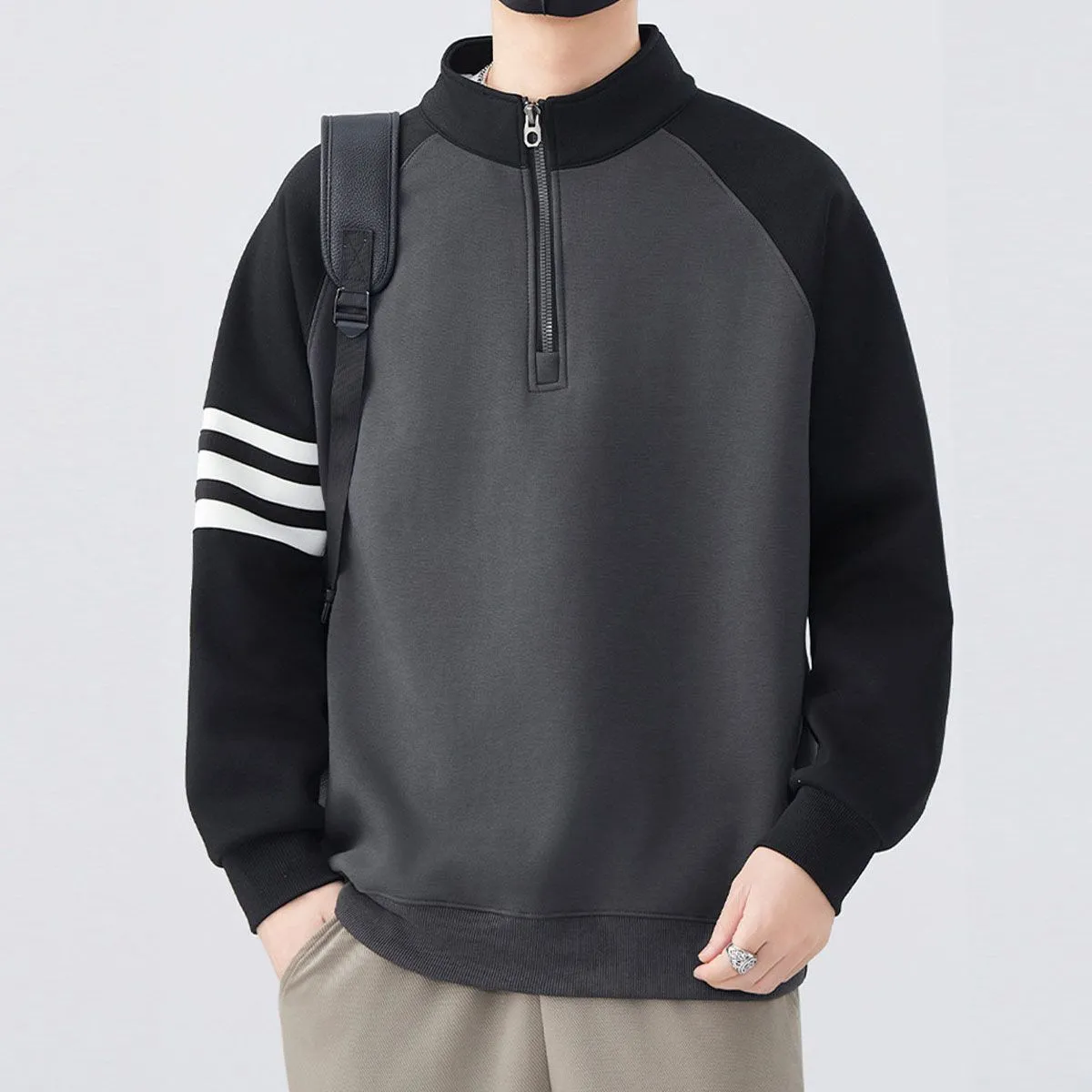 拼接撞色打底衫帥氣休閒半拉鍊長袖T恤